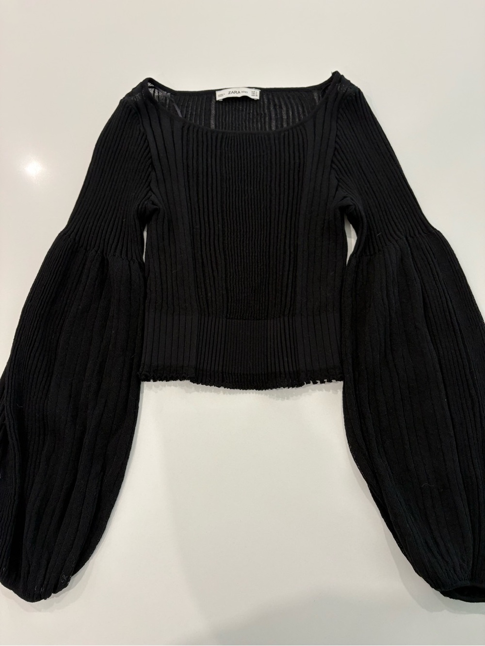 Zara Black Ribbed Balloon-Sleeve Top Size Medium